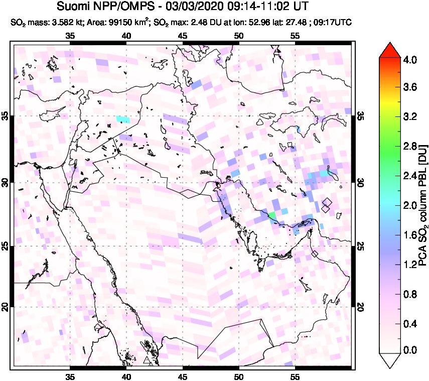 A sulfur dioxide image over Middle East on Mar 03, 2020.