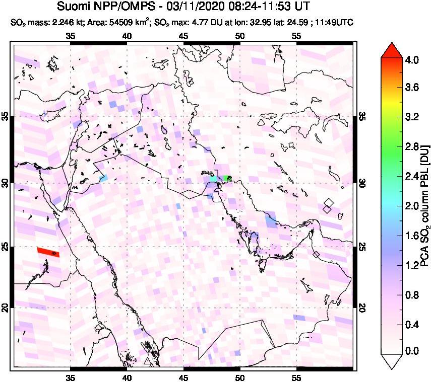 A sulfur dioxide image over Middle East on Mar 11, 2020.