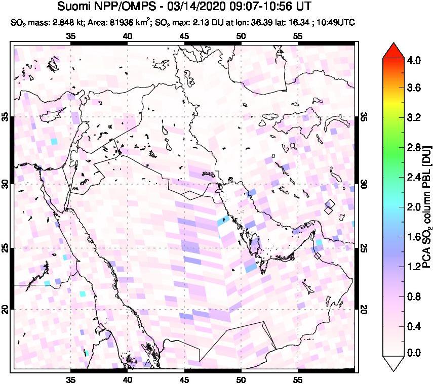 A sulfur dioxide image over Middle East on Mar 14, 2020.