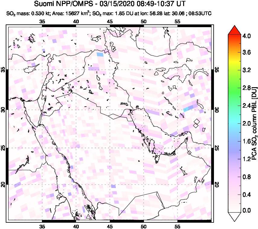 A sulfur dioxide image over Middle East on Mar 15, 2020.