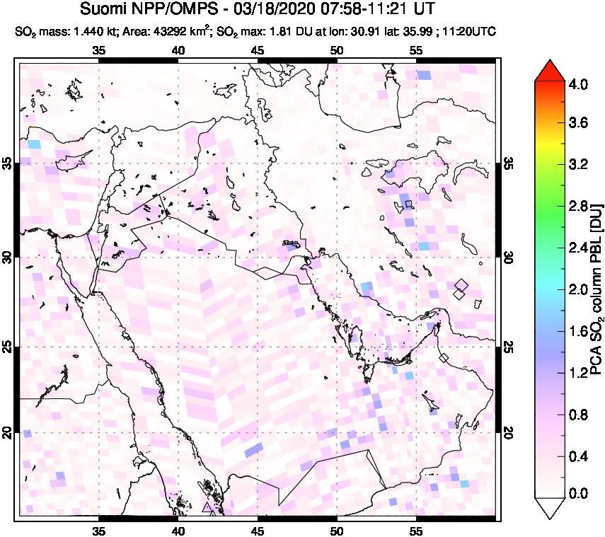 A sulfur dioxide image over Middle East on Mar 18, 2020.