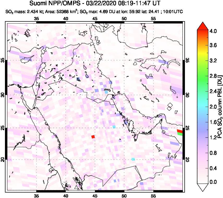 A sulfur dioxide image over Middle East on Mar 22, 2020.