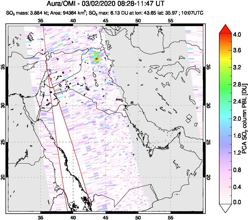 A sulfur dioxide image over Middle East on Mar 02, 2020.