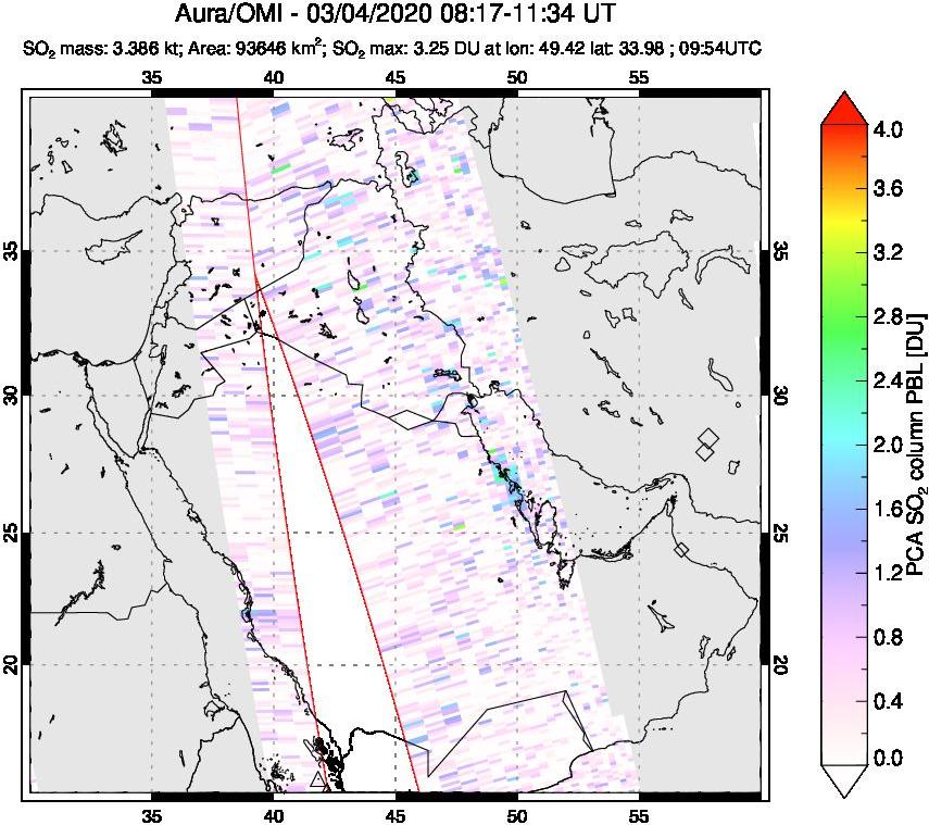 A sulfur dioxide image over Middle East on Mar 04, 2020.