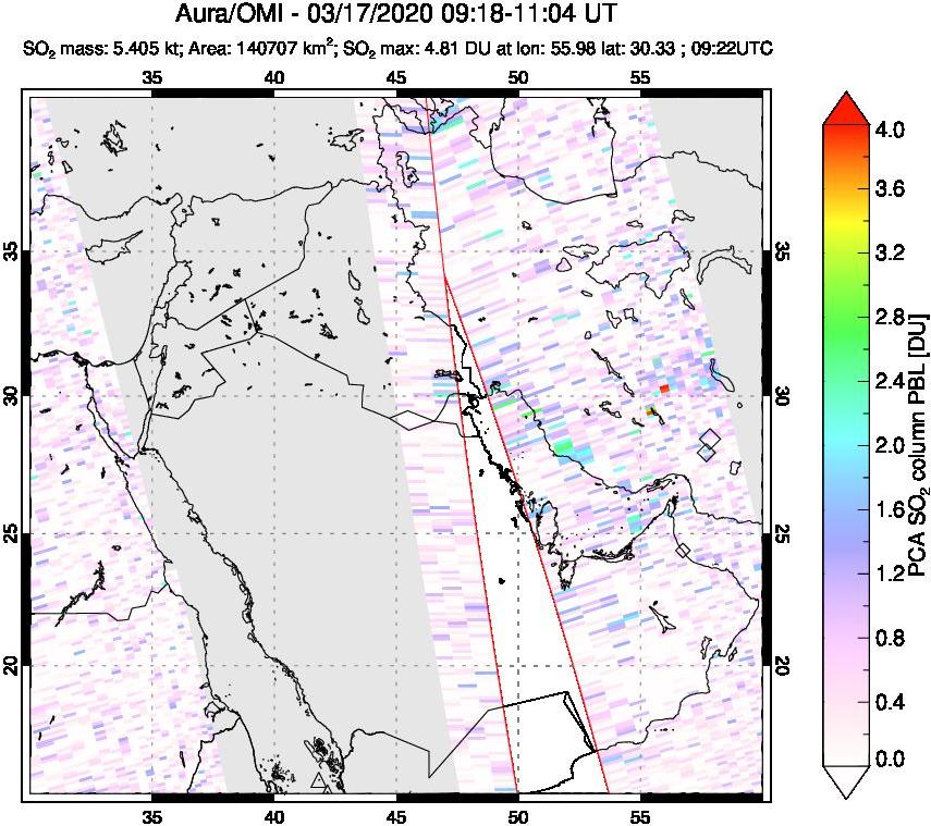 A sulfur dioxide image over Middle East on Mar 17, 2020.