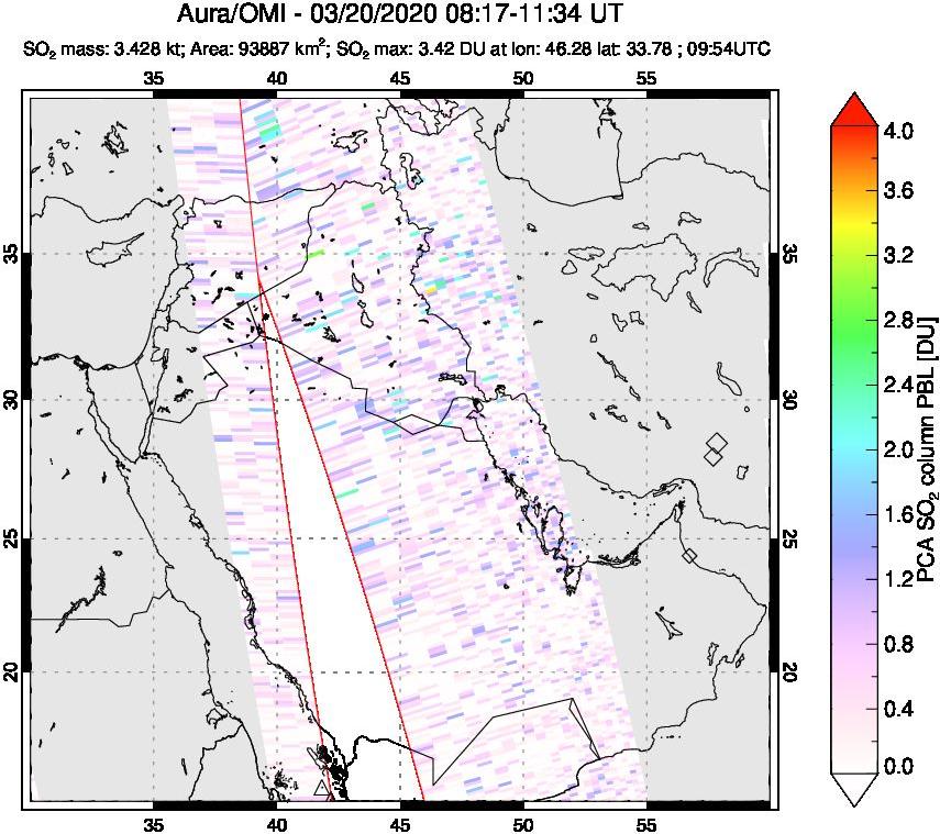 A sulfur dioxide image over Middle East on Mar 20, 2020.