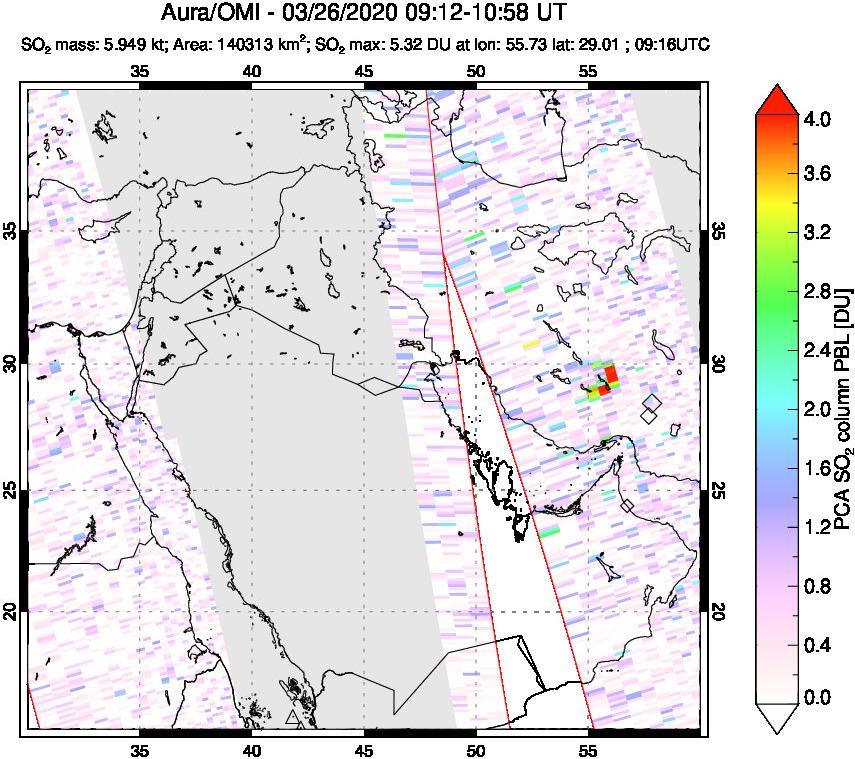 A sulfur dioxide image over Middle East on Mar 26, 2020.