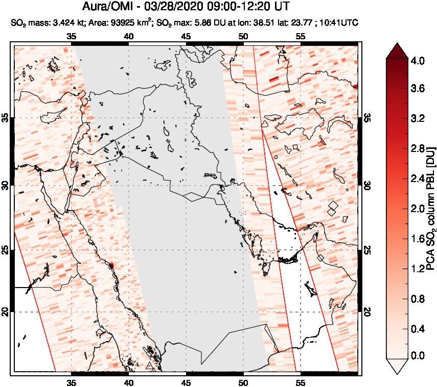 A sulfur dioxide image over Middle East on Mar 28, 2020.