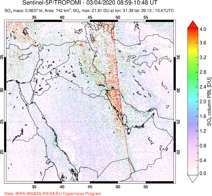 A sulfur dioxide image over Middle East on Mar 04, 2020.