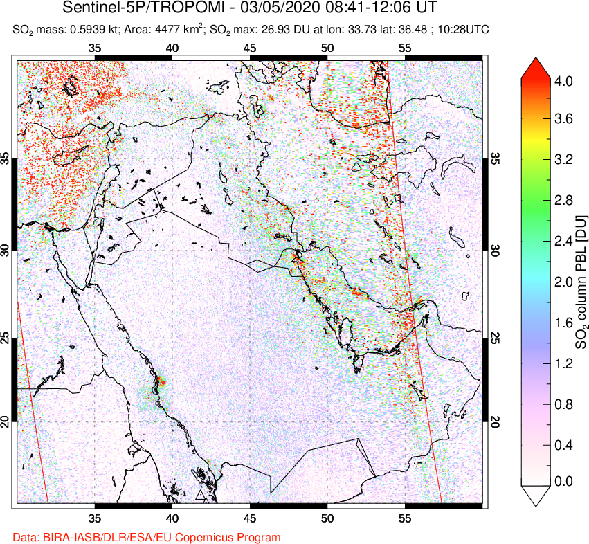 A sulfur dioxide image over Middle East on Mar 05, 2020.