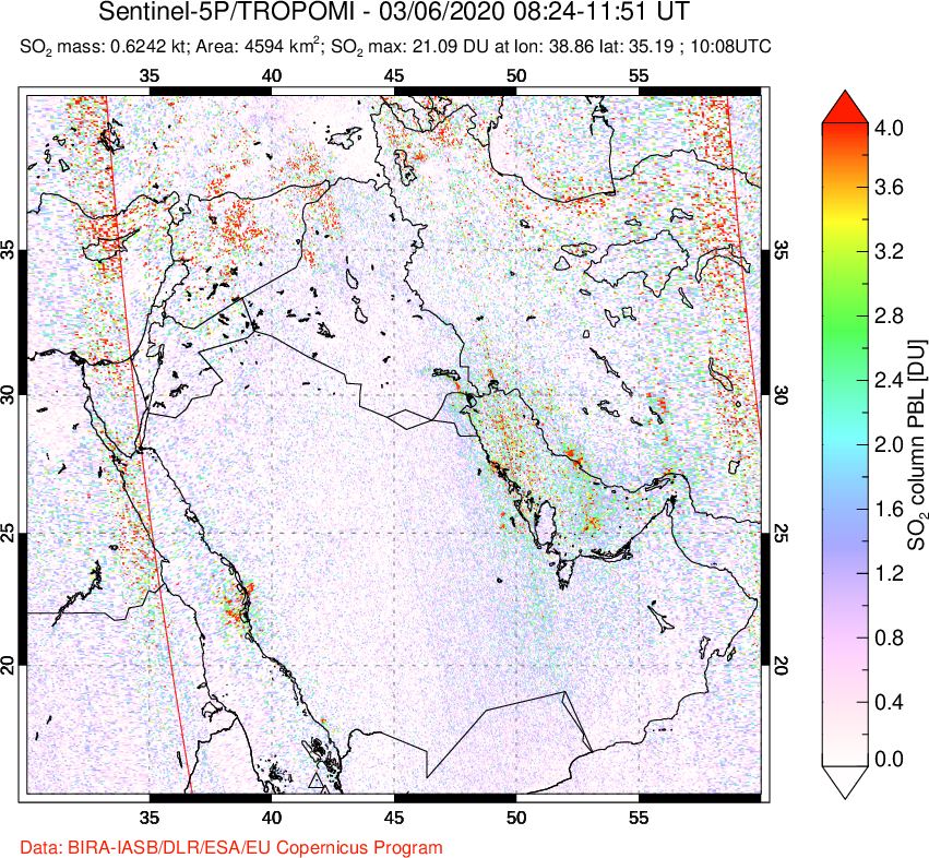 A sulfur dioxide image over Middle East on Mar 06, 2020.