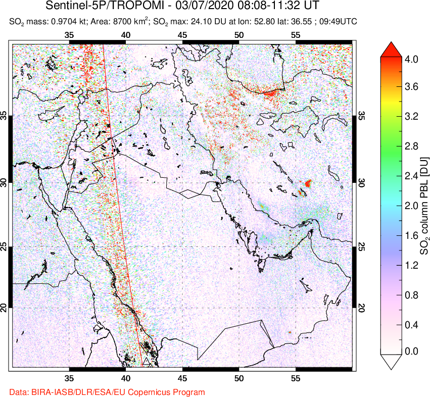 A sulfur dioxide image over Middle East on Mar 07, 2020.
