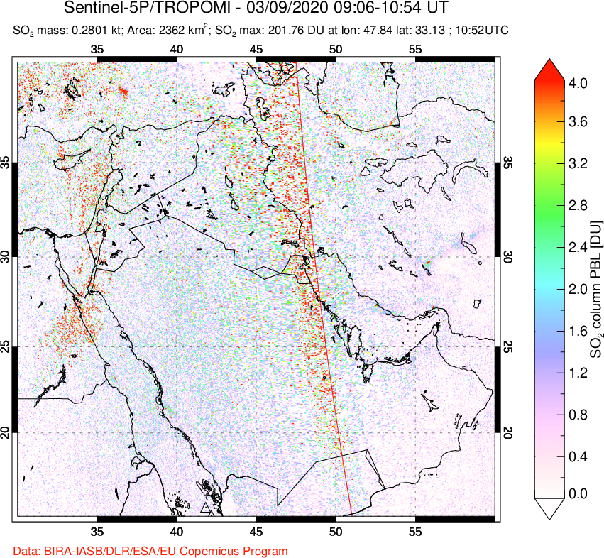 A sulfur dioxide image over Middle East on Mar 09, 2020.