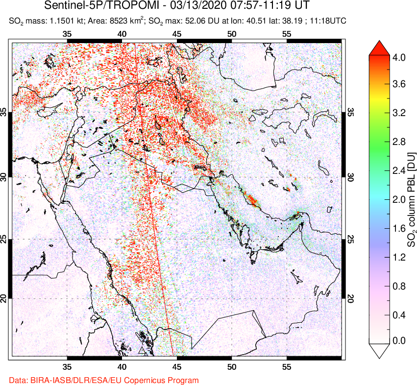 A sulfur dioxide image over Middle East on Mar 13, 2020.