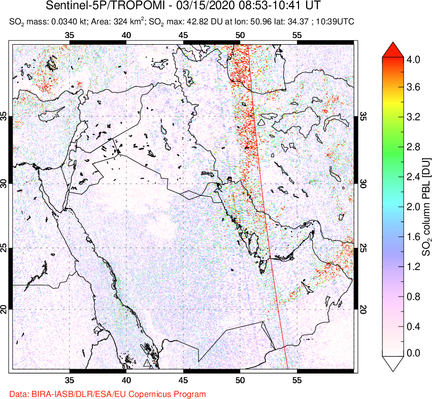 A sulfur dioxide image over Middle East on Mar 15, 2020.