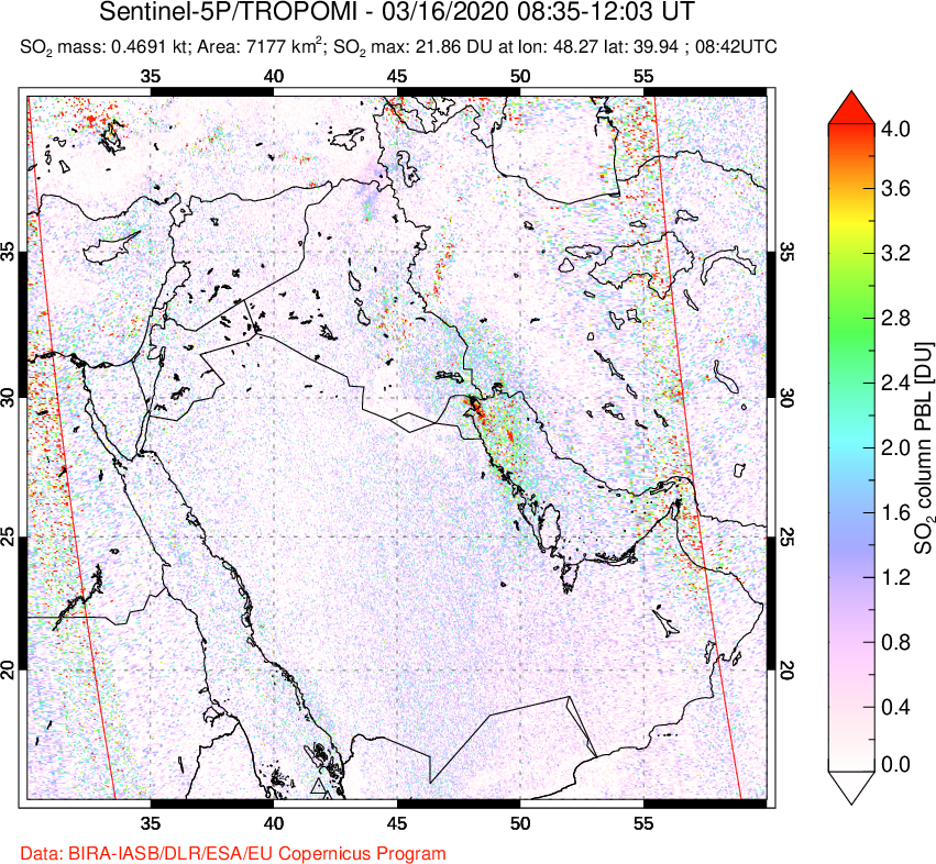 A sulfur dioxide image over Middle East on Mar 16, 2020.