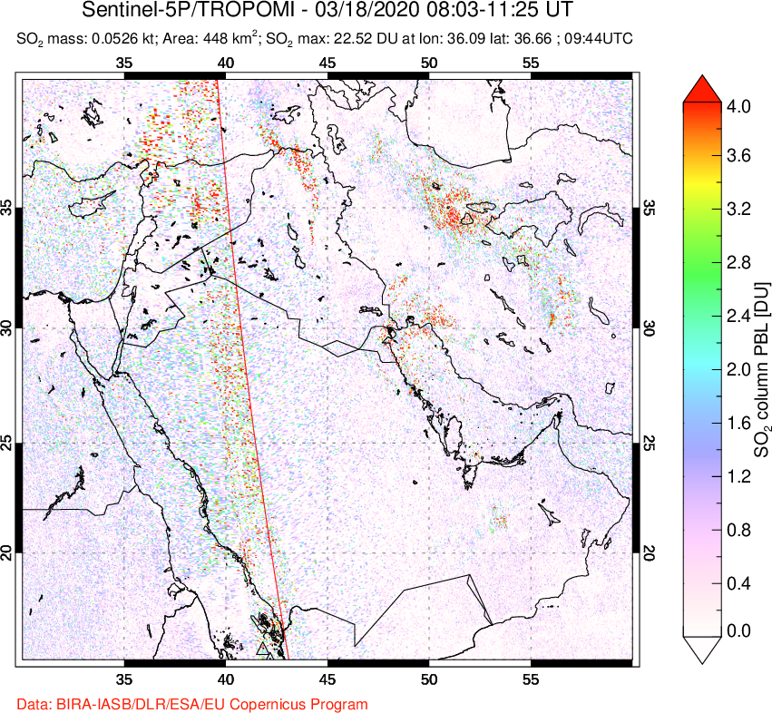 A sulfur dioxide image over Middle East on Mar 18, 2020.
