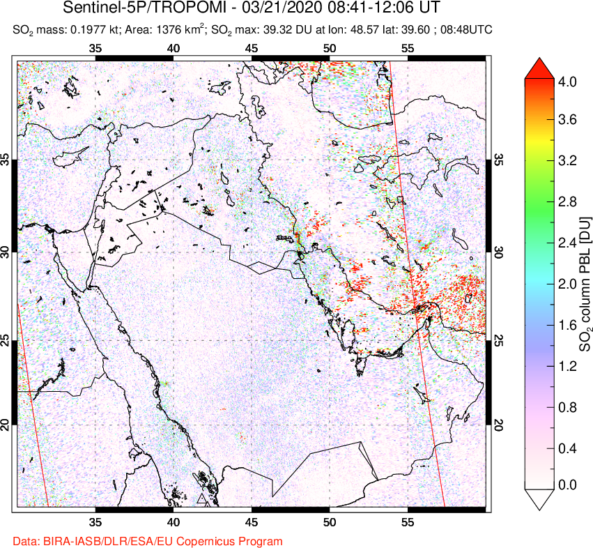 A sulfur dioxide image over Middle East on Mar 21, 2020.