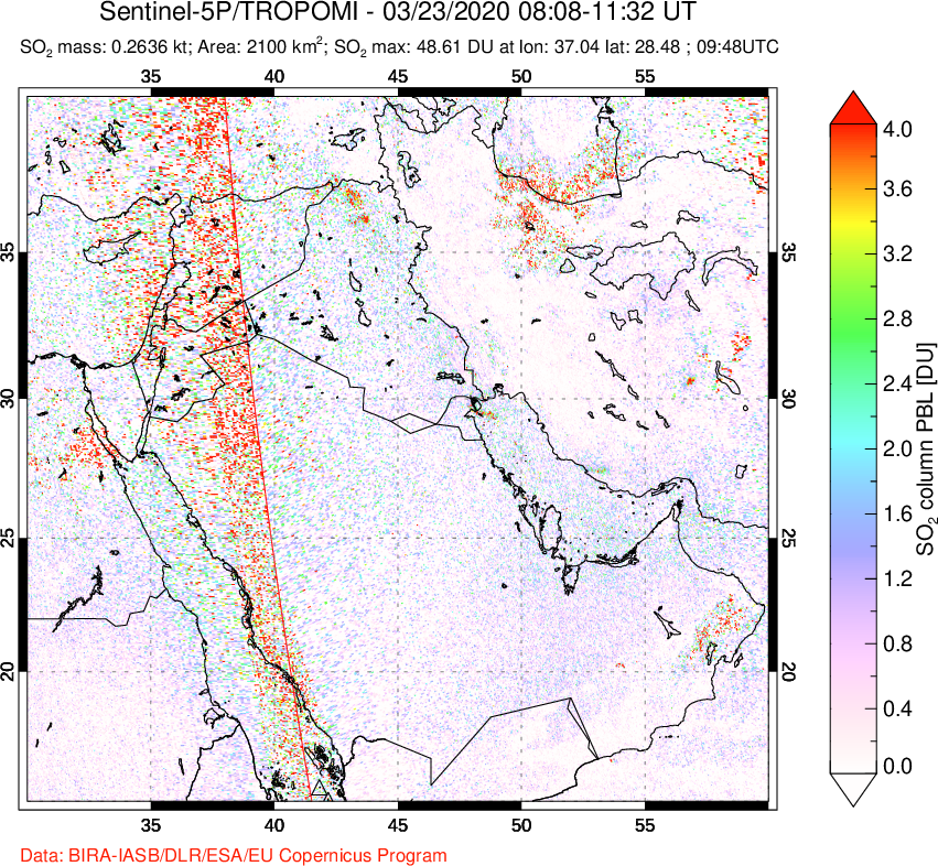 A sulfur dioxide image over Middle East on Mar 23, 2020.