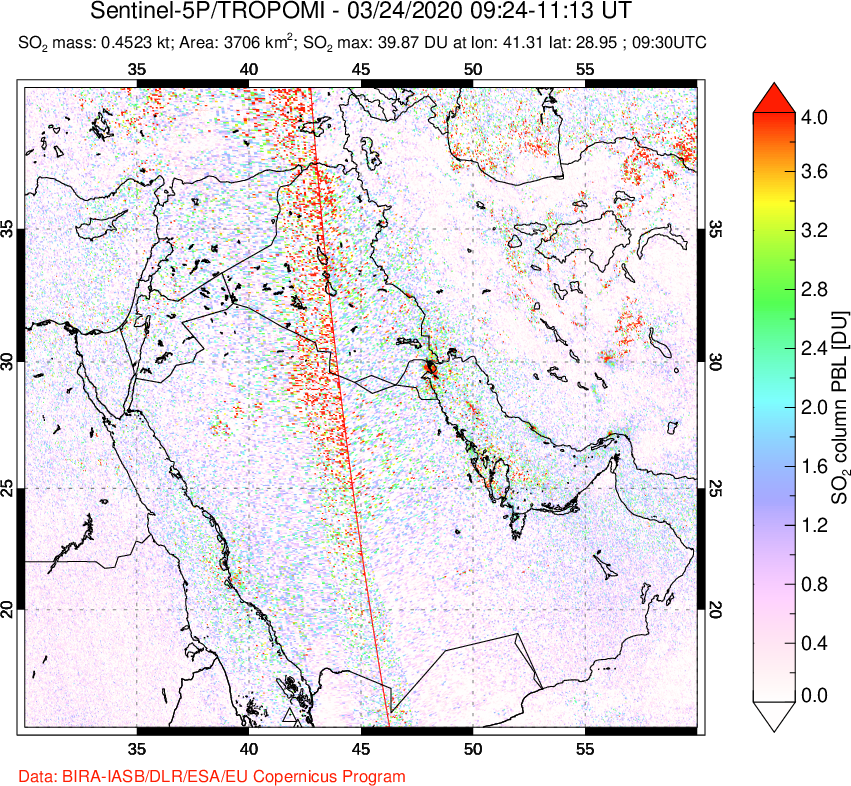 A sulfur dioxide image over Middle East on Mar 24, 2020.