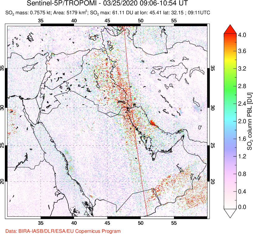 A sulfur dioxide image over Middle East on Mar 25, 2020.