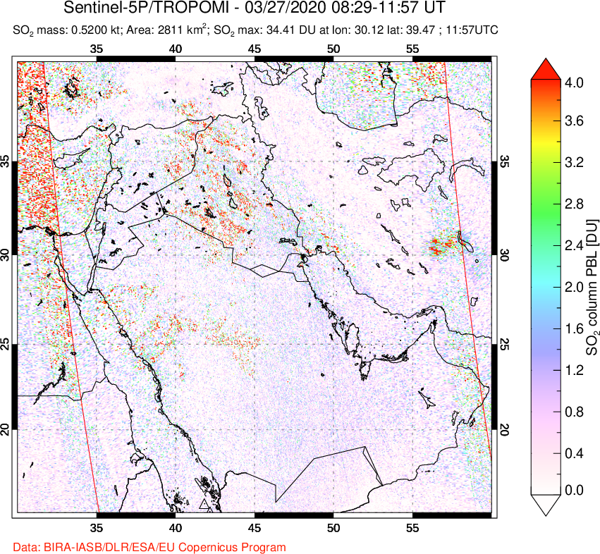 A sulfur dioxide image over Middle East on Mar 27, 2020.