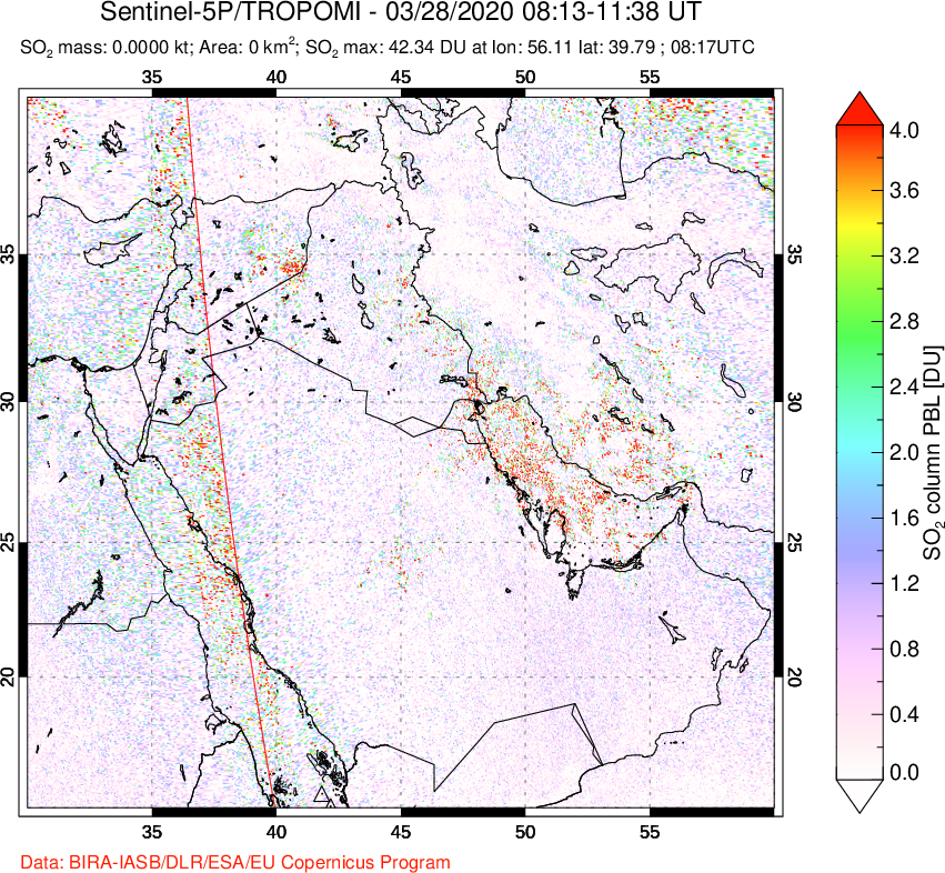 A sulfur dioxide image over Middle East on Mar 28, 2020.