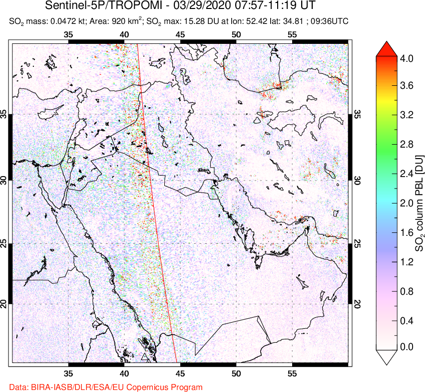 A sulfur dioxide image over Middle East on Mar 29, 2020.