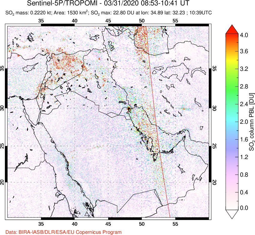 A sulfur dioxide image over Middle East on Mar 31, 2020.