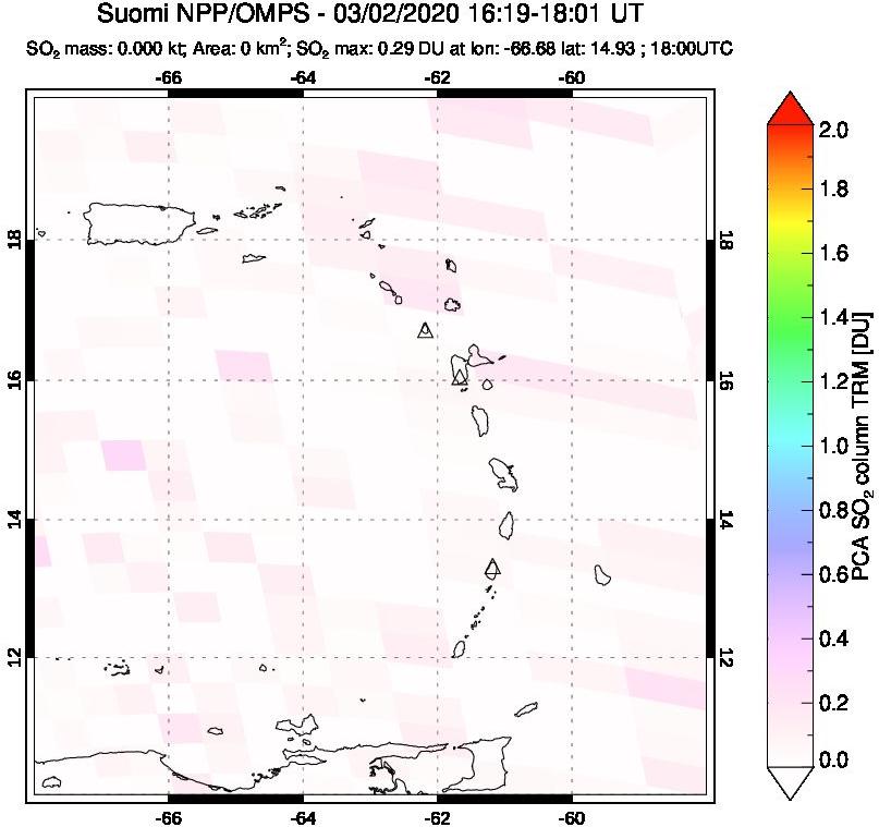 A sulfur dioxide image over Montserrat, West Indies on Mar 02, 2020.
