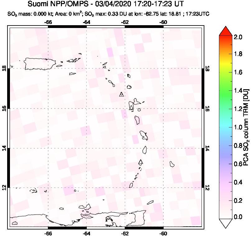 A sulfur dioxide image over Montserrat, West Indies on Mar 04, 2020.