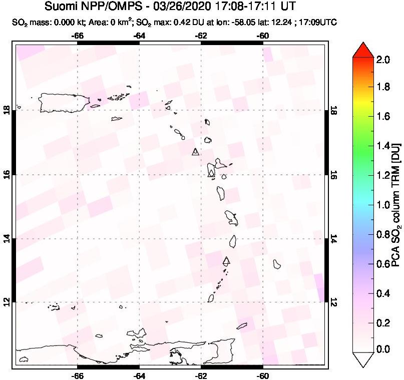 A sulfur dioxide image over Montserrat, West Indies on Mar 26, 2020.