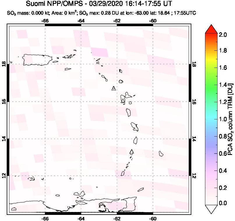 A sulfur dioxide image over Montserrat, West Indies on Mar 29, 2020.