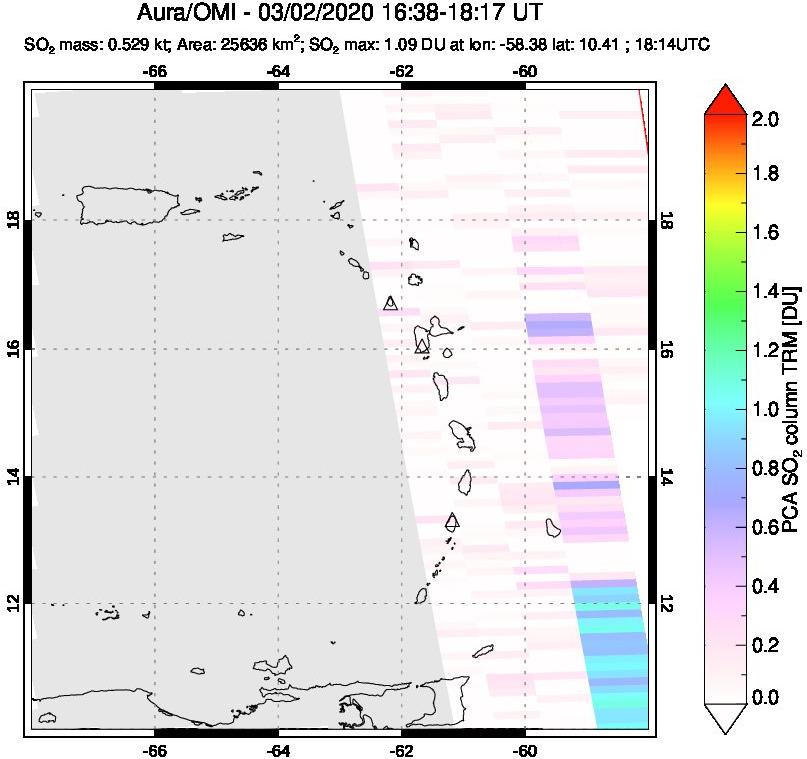 A sulfur dioxide image over Montserrat, West Indies on Mar 02, 2020.