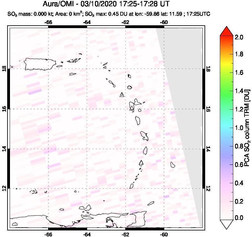 A sulfur dioxide image over Montserrat, West Indies on Mar 10, 2020.