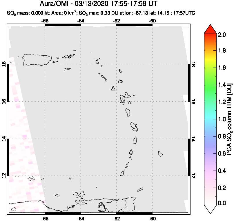 A sulfur dioxide image over Montserrat, West Indies on Mar 13, 2020.