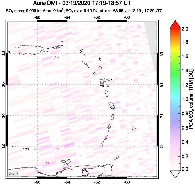 A sulfur dioxide image over Montserrat, West Indies on Mar 19, 2020.