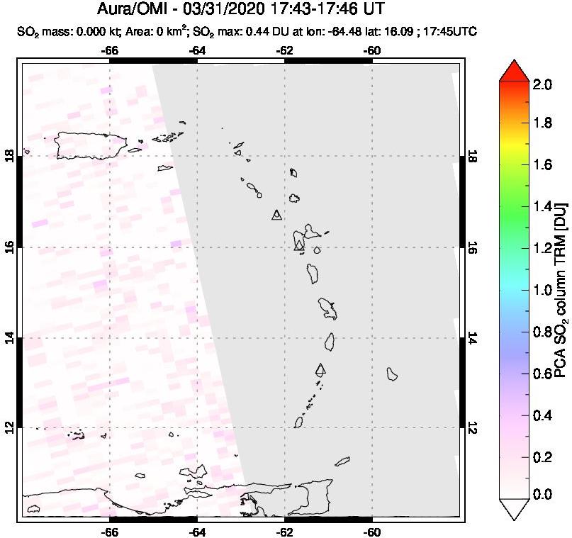 A sulfur dioxide image over Montserrat, West Indies on Mar 31, 2020.