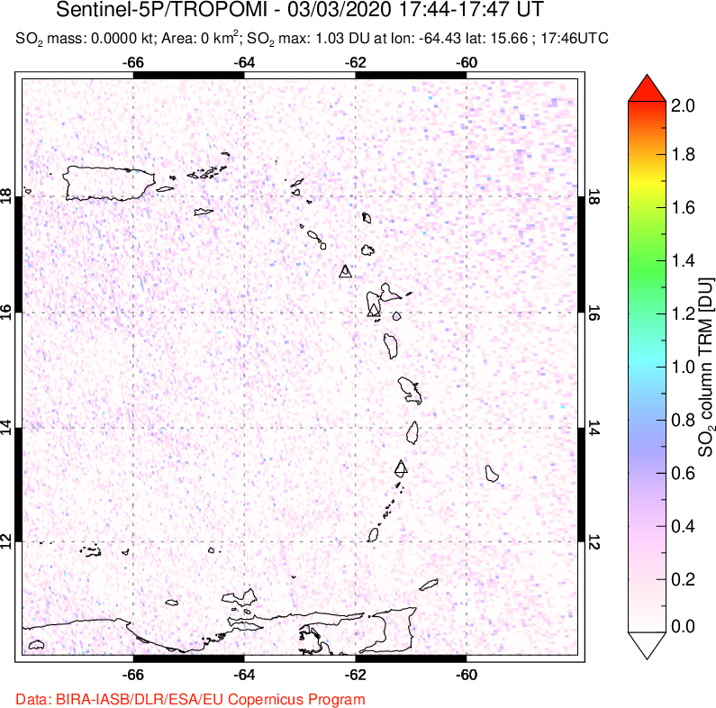 A sulfur dioxide image over Montserrat, West Indies on Mar 03, 2020.