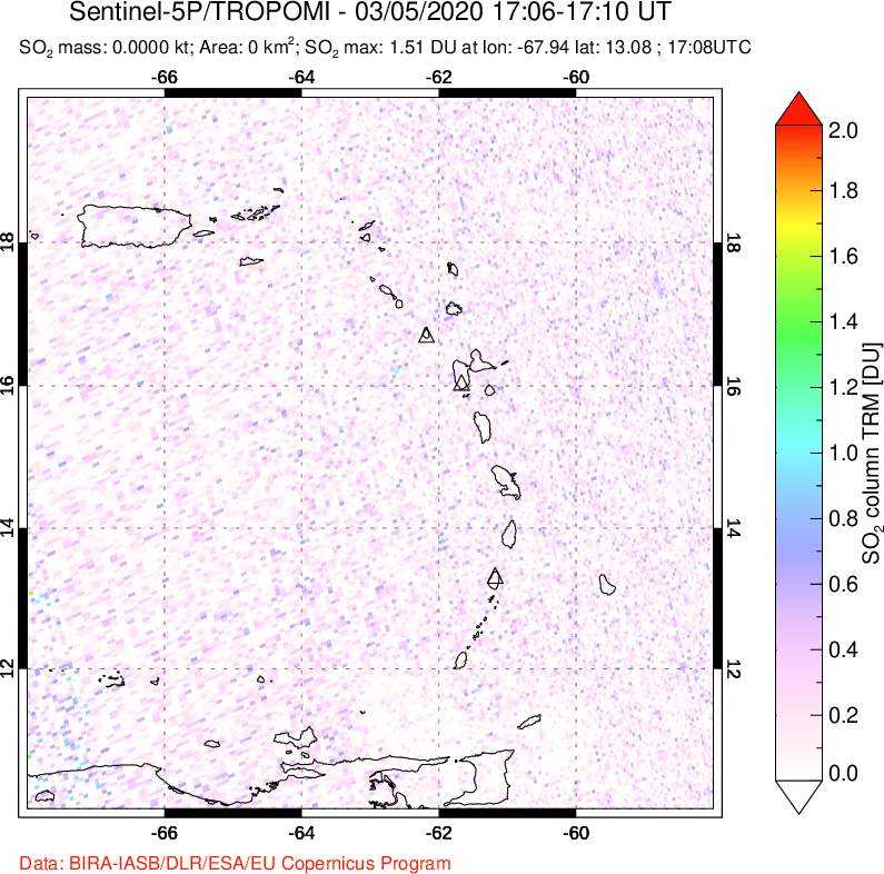 A sulfur dioxide image over Montserrat, West Indies on Mar 05, 2020.