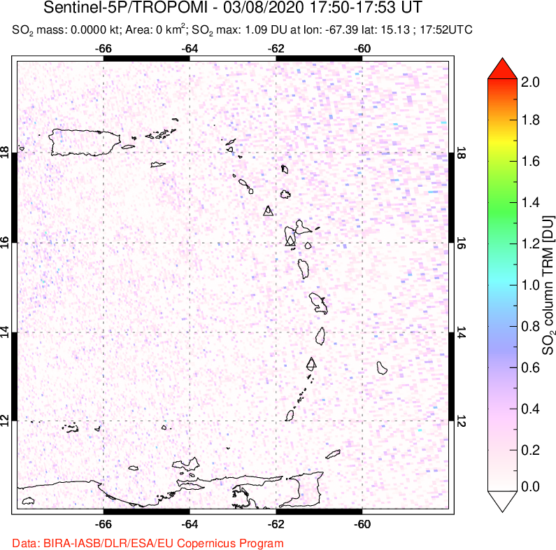 A sulfur dioxide image over Montserrat, West Indies on Mar 08, 2020.