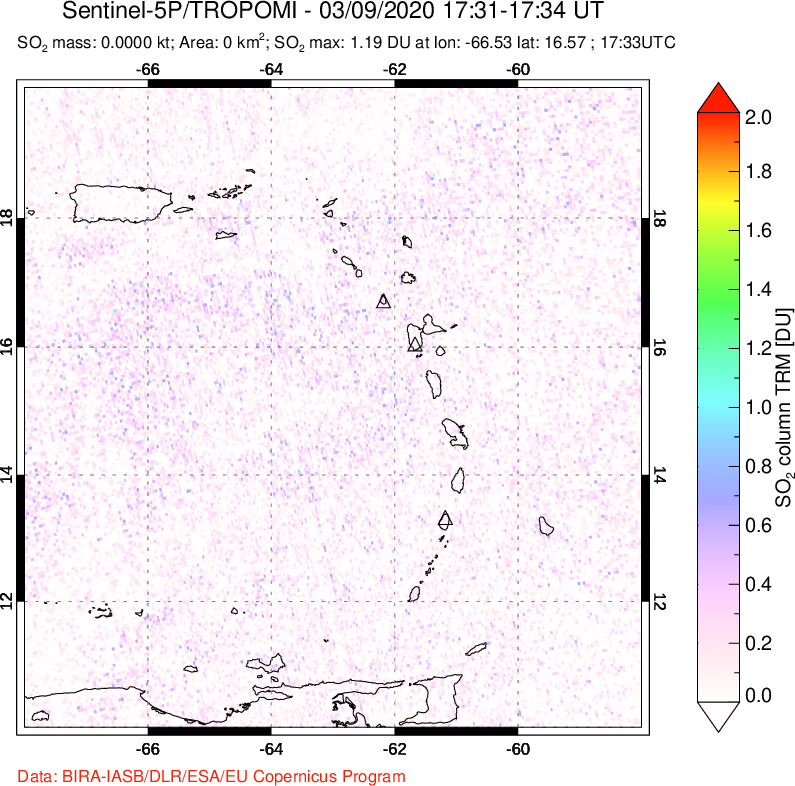 A sulfur dioxide image over Montserrat, West Indies on Mar 09, 2020.