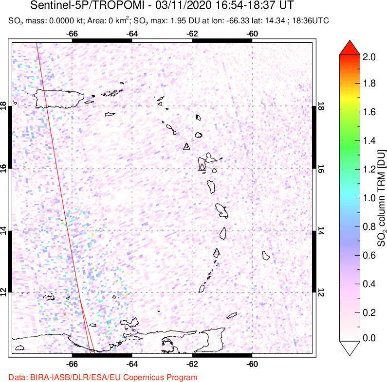 A sulfur dioxide image over Montserrat, West Indies on Mar 11, 2020.