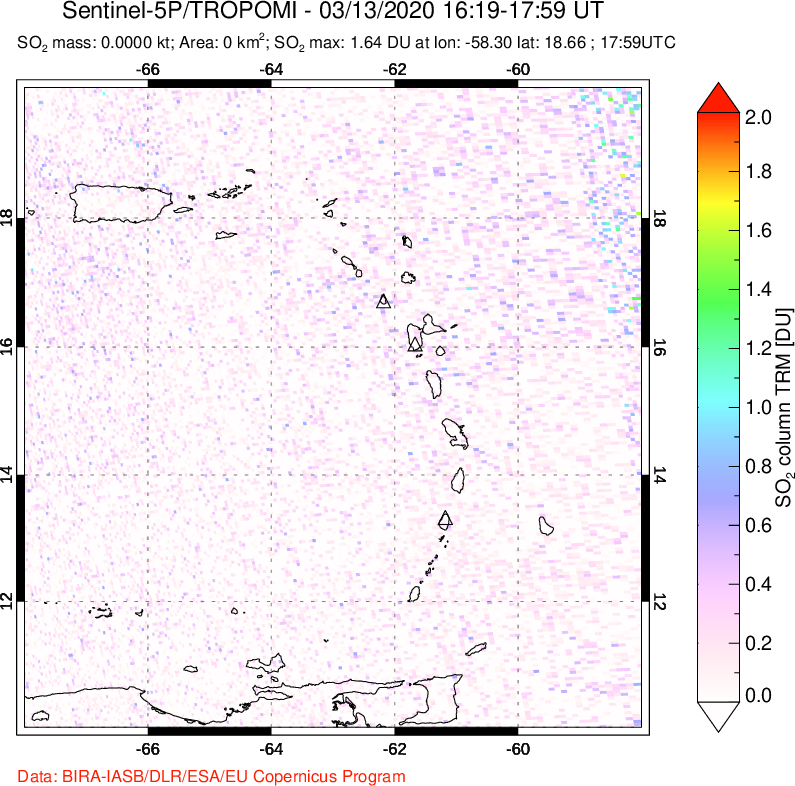 A sulfur dioxide image over Montserrat, West Indies on Mar 13, 2020.