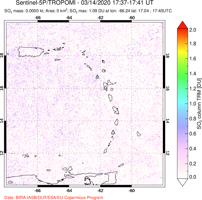 A sulfur dioxide image over Montserrat, West Indies on Mar 14, 2020.