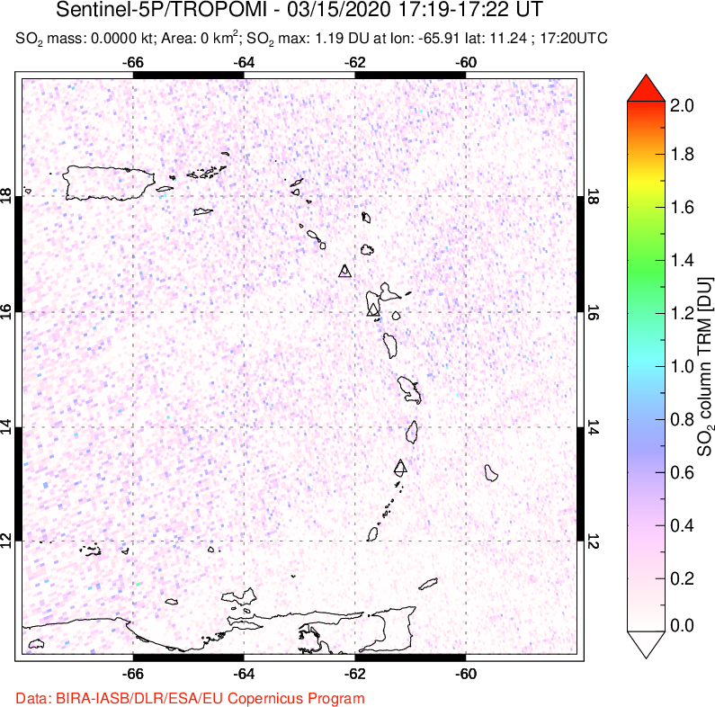 A sulfur dioxide image over Montserrat, West Indies on Mar 15, 2020.