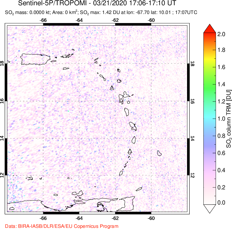 A sulfur dioxide image over Montserrat, West Indies on Mar 21, 2020.