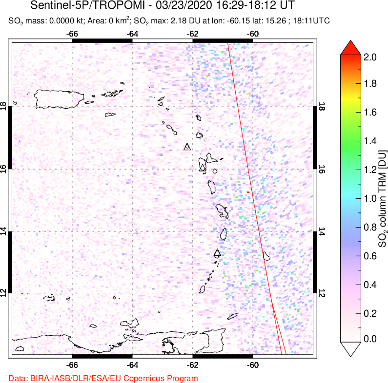 A sulfur dioxide image over Montserrat, West Indies on Mar 23, 2020.
