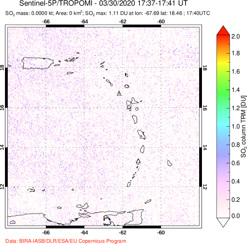 A sulfur dioxide image over Montserrat, West Indies on Mar 30, 2020.