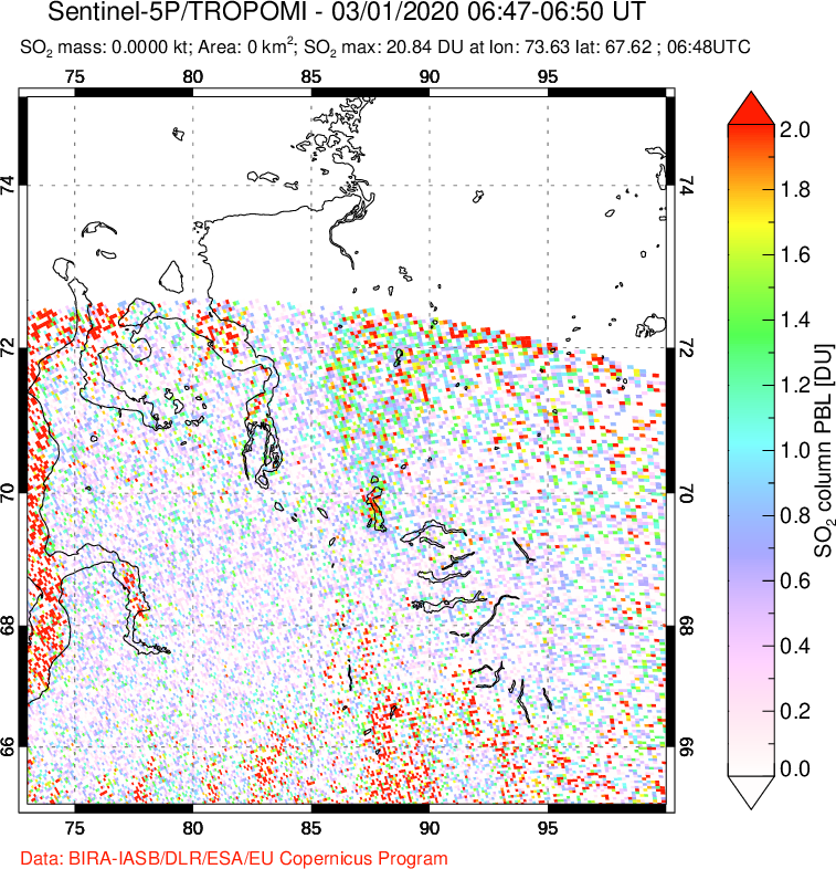 A sulfur dioxide image over Norilsk, Russian Federation on Mar 01, 2020.